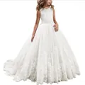 White sleeveless princess flower girl dress with sequined bodice and lace trim train - Off-White