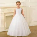 Elegant sleeveless white lace flower girl dress with tulle skirt and princess crown - 8-9 Years / White