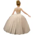 Champagne girls lace-up princess gown with layered tulle and cross-back straps - US2 / Champagne