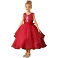 Girl's elegant red sleeveless sequined tulle dress with rose flower waist ornament - Red / Child 2-3