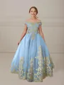 Elegant light blue girl's princess dress with off-the-shoulder gold lace embroidery - US2 / Sky Blue