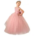 Pink sleeveless tulle girl's dress with satin waist and back bow for weddings - Bottoms / Dusty Pink / 8-9 Years