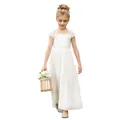 White flower girl dress with lace bodice and layered tulle skirt for wedding party - Beige / US2