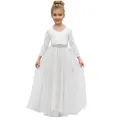 White long sleeve lace and tulle flower girl dress with sparkling rhinestone waist belt - Beige / 8-9 Years