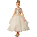 Champagne sequin flower girl dress with layered tulle skirt for birthday parties - Beige / Child 2-3