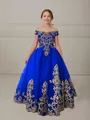 Elegant royal blue off-shoulder children gown with intricate gold embroidery - US2 / Sapphire Blue