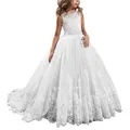 Sleeveless white lace flower girl dress with sequin embroidery and a long mesh train - Bleached White