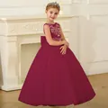 Sleeveless burgundy flower girl gown with silver embroidery and mesh tulle skirt - 8-9 Years / Burgundy