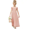 Pink lace flower girl maxi dress with short sleeves and chiffon skirt for formal events - Dusty Pink / US2