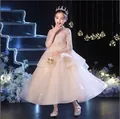 Luxurious champagne flower girl dress with lace bodice and sparkling tiered tulle skirt - 120cm / Champagne Half Sleeve