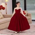 Girls burgundy velvet Chinese New Year dress with sheer sleeves and crown accessory - 120cm / Red Long Dangle