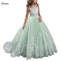 Mint green lace princess gown for girls featuring a layered tulle skirt and sequin details - Light Green