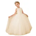 Elegant sleeveless beige lace flower girl dress with a layered mesh tulle tutu skirt - 8-9 Years / Champagne
