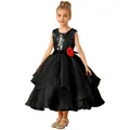 Sleeveless black sequin flower girl dress with layered tulle skirt and red rose detail - Black / Child 2-3