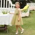 Details des Neckholder-Ausschnitts mit Spitze und Tüllrock am grünen Mädchenkleid - 2-3Y / Matcha-Grün
