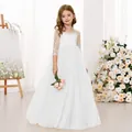 Vestido blanco de encaje para niña de flores con manga larga y falda de tul - 2-3 Años / Blanco