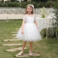 Detail of white lace bodice and tiered tulle skirt on a floral princess dress - 4-5Y / White