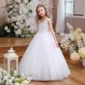 Elegantes weißes ärmelloses Tüll-Blumenmädchenkleid mit Perlen-Taille und bodenlangem Rock - 4-5Y / Beige