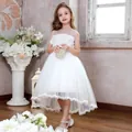 Abito da principessa bianco senza maniche in tulle con pizzi floreali e orlo a coda - 4-5Y / Beige