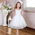 Elegant white lace flower girl dress with fluffy tulle skirt and floral accessories - Beige / 2-3Y