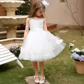 Elegantes weißes ärmelloses Spitzenkleid für Blumenmädchen mit Tüll und Satinband - 100 / Beige