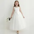 Detailed embroidery on white sleeveless lace girl's dress with satin bow and tulle skirt - 8-9 Years / Beige