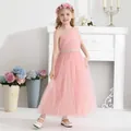 Detalle del vestido de princesa rosa con cinturón de perlas y falda de tul multicapa - 2-3Y / Rosa Empolvado