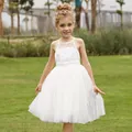 Detailed close-up of white flower girl dress with lace bodice and layered tulle skirt - 2-3 / Beige