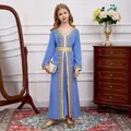 Detail of gold embroidery on the sky blue kaftan dress for girls at the cuffs and waist - Bottoms / Blue / 4Y (110cm)