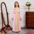 Detail of pink girls kaftan dress featuring gold floral embroidery and metallic belt - Bottoms / Pink / 4Y (110cm)