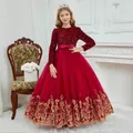 Detailed close-up of dark red girls princess dress with sequins and golden embroidery lace - Burgundy / 4-5Y