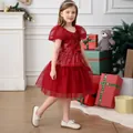 Detail of red Christmas princess dress with sequin bodice and festive mesh layers - 4-5Y / Burgundy