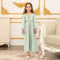 Detail of light blue girls' Kaftan with golden sequins and intricate red embroidery - 100 (2-3Y) / Mint Green