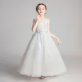 White lace flower girl dress featuring a light blue silk ribbon bow on the waist - 2-3Y (100cm) / White Long Style (Sleeveless)