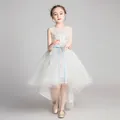 White and light blue flower girl dress with lace embroidery and hi-lo tulle skirt - 2-3Y (100cm) / White Hi-Lo Style (Sleeveless)