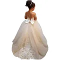 Champagne tulle girls party dress with large back bow and elegant lace embroidery - Champagne / 2-3Y