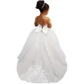 White girls princess tulle gown with back bow and elegant lace embroidery details - Beige / 2-3Y