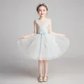 White lace flower girl dress with blue floral embroidery and satin ribbon waist bow - 2-3Y (100cm) / White Short Style (Sleeveless)