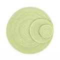 Detailed top view of three various sized woven heat resistant placemats in green and white - Green