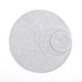 Detail view of woven grey and white heat-resistant round placemats in three varied sizes - Silver