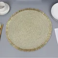 Round golden woven placemat with elegant spiral pattern and tassel edge detail - 38cm Round / Gold with Tassel Edge