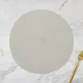 Detail of round woven ramie placemat with spiral texture and gold fork on marble surface - Solid Light Grey
