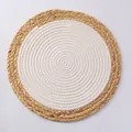 Handwoven round table mat featuring natural straw outer ring and white cotton rope spiral - Round 20cm / White Spliced