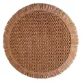 Close-up of circular woven placemat with natural fiber texture and fringe edges - 38cm / Brown