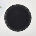 Minimalist round black woven placemat with fringed edges and spiral texture design - 38cm / Black