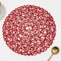 Handwoven round red dining placemat with intricate openwork mesh pattern for table decor - Round / True Red