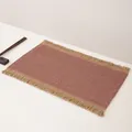 Close-up of woven rectangular placemat in dusty rose with khaki fringed edges and textures - 45*30cm / Pink Paper Linen Splicing