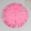Detailed top view of a pink round woven placemat with fringe and decorative dried grass - Pink