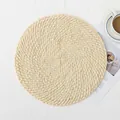 Round hand-woven off-white placemat made of natural plant fibers with spiral texture - Yellow