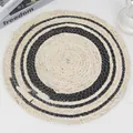 Handgewebtes rundes Tischset aus Naturstroh mit schwarzem konzentrischem Kreis-Design - 38cm / Schwarz Zweifarbig